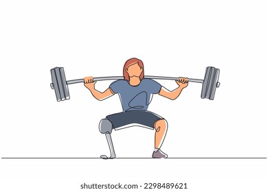 Single one line drawing disabled female weightlifter with amputated legs. Athletic weightlifting workout with barbell muscles sport strongwoman beautiful body fitness. Continuous line design vector