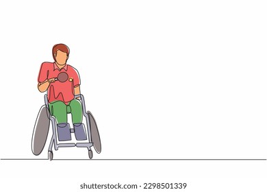 Single one line drawing disabled sportsman in wheelchair playing table tennis.  games championship. Hobbies, interests of people with disabilities. Continuous line draw design graphic vector