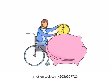 Single one line drawing disabled businesswoman saving coin dollar money. Person in wheelchair holding piggy bank and thinking of money. Disability, finance concept. Continuous line draw design vector