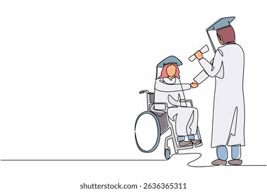 Single one line drawing disabled Arabian man student receiving graduation from university rector. Disability bachelor, inclusive education concept. Continuous line design graphic vector illustration
