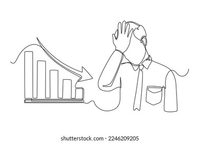 Single one line drawing Disappointed businessman because financial graph arrow is decreasing. Economics and Business Concept. Continuous line draw design graphic vector illustration.