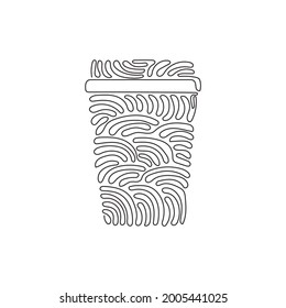 Single one line drawing disposable takeaway coffee cup. Cardboard coffee mug with plastic lid for cappuccino drink. Swirl curl style. Modern continuous line draw design graphic vector illustration