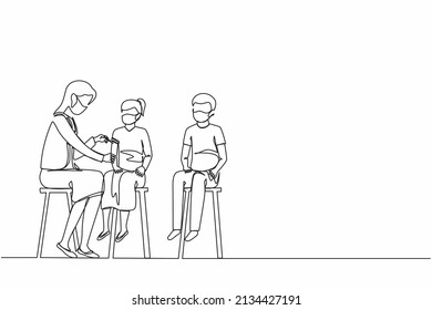 Single one line drawing doctor in clinic giving coronavirus vaccine to children, little girl. Vaccination kid at hospital. Prevention COVID-19. Continuous line draw design graphic vector illustration