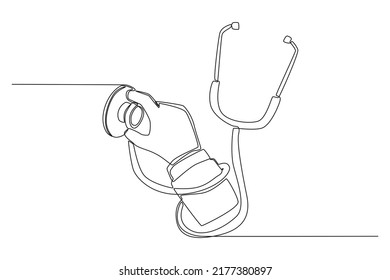 Dibujo de una sola línea Mano del médico usando estetoscopio para controlar al paciente. Necesito un concepto de Doctor. Ilustración gráfica de vector de diseño de línea continua.