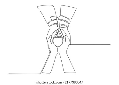 Una sola línea dibujando la mano del médico le da un icono de amor al paciente. Necesito un concepto de Doctor. Ilustración gráfica de vector de diseño de línea continua.