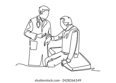 El médico está comprobando el estado de salud de un paciente después de someterse a un tratamiento médico. Vector de diseño de dibujo de línea continua