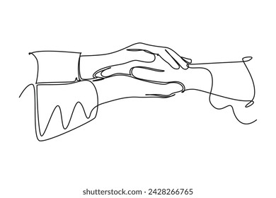 Single one line drawing The doctor holds a patient's hand to reassure the medical examination process. physical therapy rehabilitation concept. Continuous line draw design vector svg