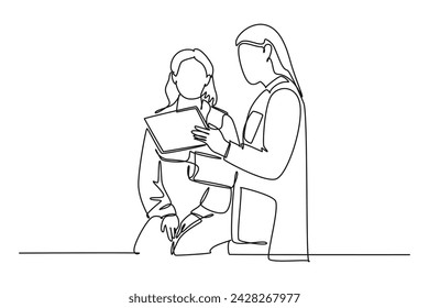 Single one line drawing a doctor explains a patient's health condition. physical therapy rehabilitation concept. Continuous line draw design vector svg