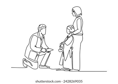 Single one line drawing The doctor is persuading a young patient to find out his physical condition. physical therapy rehabilitation concept. Continuous line draw design vector