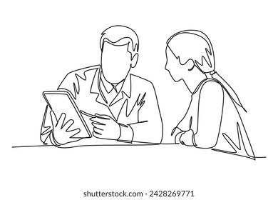 Single one line drawing a doctor is explaining his patient's health condition directly. Continuous line draw design vector