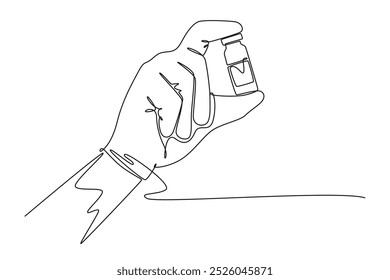 Einzeilige Zeichnung eines Arztes, der eine Medikamentenflasche mit Impfstoff gegen Coronavirus hält. Virenschutz. Covid19-Impfung mit Impfstoff. Grafische Vektorgrafik mit fortlaufender Linienzeichnung