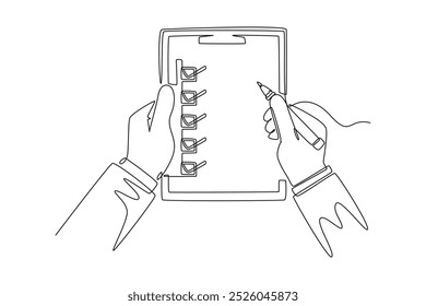 Uma única linha desenhando a mão do médico com a área de transferência e a caneta. O médico faz anotações na área de transferência. Relatório médico. Modelo de lista de verificação de cuidados com o paciente. Ilustração de vetor gráfico de design de desenho de linha contínua