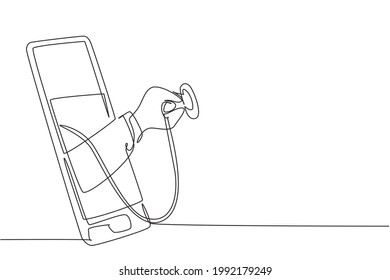 Single one line drawing doctor's hand out of smartphone screen holding stethoscope. Medical diagnostics concept analysis, research. Modern continuous line draw design graphic vector illustration