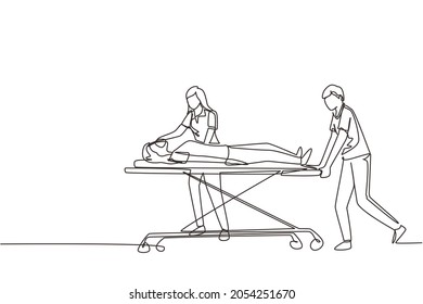 Single one line drawing doctors push gurney with sick woman. Room in hospital. Medical staff, infected patient. Health care and aid. Medical quarantine. Continuous line draw design vector illustration