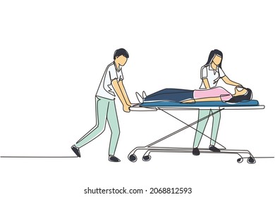 Single one line drawing doctors push gurney with sick woman. Room in hospital. Medical staff, infected patient. Health care and aid. Medical quarantine. Continuous line draw design vector illustration