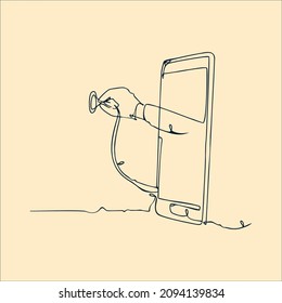Einzelne Linie, die die Hand des Arztes aus dem Smartphone-Bildschirm mit Stethoskop zieht. Medizinische Vektorgrafik.