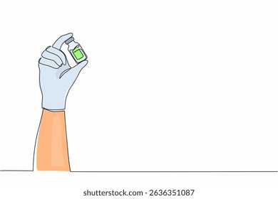 Single one line drawing doctor's hand holding medicine bottle with vaccine for coronavirus. Virus protection. Covid-19 vaccination with vaccine bottle. Continuous line draw design vector illustration