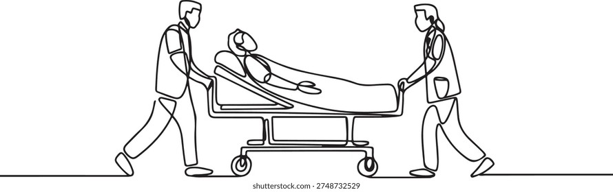 Single one line drawing doctors push gurney with sick woman. Room in hospital. Medical staff, infected patient. Health care and aid. Medical quarantine. one line Icon drawing

