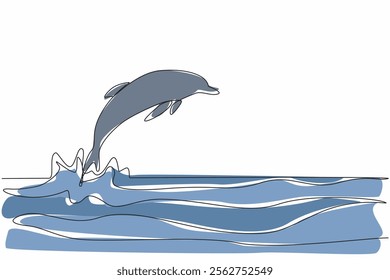 Single one line drawing a dolphin jumping on the surface of the sea. The activity of telling others not to get separated. Habits. National Dolphin Day. Continuous line design graphic illustration