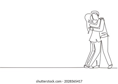 Single one line drawing dominant relationship. Romantic Arab couple in love kissing and hugging. Happy man and woman celebrating wedding anniversary. Modern continuous line draw design graphic vector