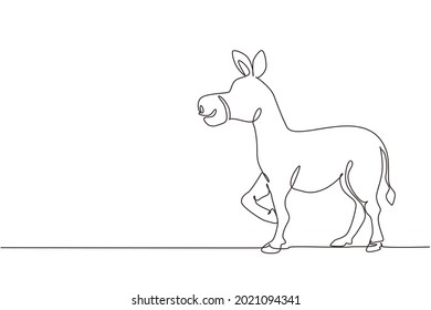 Single one line drawing donkey cute farm animal lift one front leg. Friendly tame animals. Helping farmers bring agricultural produce. Modern continuous line draw design graphic vector illustration