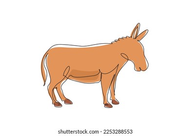 Un solo dibujo de burro lindo animal de granja. Mascota de animales amigables para el ganado. Ayudar a los agricultores a traer productos agrícolas. Ilustración de líneas continuas moderna de diseño gráfico vectorial
