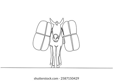 Single one line drawing donkey carrying stuff. Helping to carry stuff while climbing. Benefit for many people. Possible skills for hire. World Donkey Day. Continuous line design graphic illustration