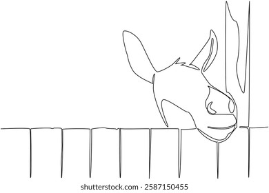 Single one line drawing donkey head comes out of wooden cage. A good cage for the comfort of livestock. Carefully maintained. Adorable. World Donkey Day. Continuous line design graphic illustration