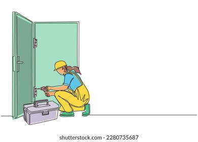 Single one line drawing door service. Repairwoman in the uniform with special equipment repair door element. Locksmith woman fix lock. Construction services. Continuous line draw design graphic vector