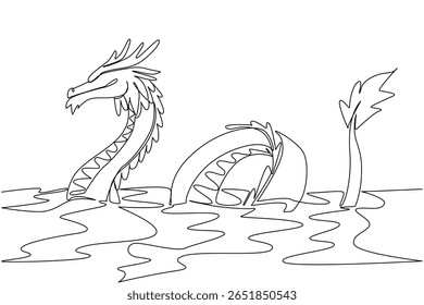 Single one line drawing dragon with head and middle body visible on the surface, swim in sea full of waves. Challenging competition. Dragon Boat Festival. Continuous line design graphic illustration
