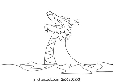 Um único barco dragão desenhando uma linha está navegando no oceano cheio de ondas. Personagem dragão. Símbolo de glória no oceano. Navegação. Festival do Barco Dragão. Ilustração gráfica de design de linha contínua