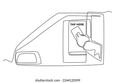 Dibujo de una sola línea Un controlador está pegando una tarjeta de peaje electrónico en una máquina de pago. Concepto de pago sin efectivo. Ilustración gráfica de vector de diseño de línea continua.