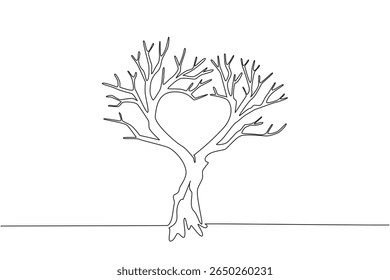 Single one line drawing dry tree with many branches with branches forming a love shape. A symbol of a dead tree. Without love. Environmental. Tree Concept. Continuous line design graphic illustration