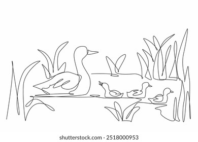 Una sola línea dibujando una familia de patitos disfrutando de un día tranquilo en un humedal. La importancia de preservar ecosistemas vitales. Equilibrio. Día Mundial de los Humedales. Ilustración gráfica de diseño de línea continua