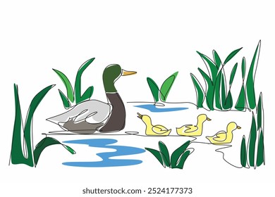 Uma única linha desenhando uma família de patinhos desfrutando de um dia tranquilo em uma zona úmida. A importância de preservar ecossistemas vitais. Equilíbrio. Dia Mundial das Zonas Úmidas. Ilustração gráfica de design de linha contínua