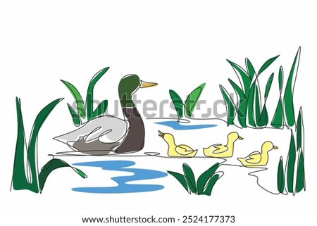 Single one line drawing a duckling family enjoying a peaceful day in a wetland. The importance of preserving vital ecosystems. Balance. World Wetlands Day. Continuous line design graphic illustration