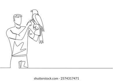 Single one line drawing eagle perched on hand of man. One of many large, thick billed, large footed birds of prey. Strong talons. Claws. Man Holding Bird. Continuous line design graphic illustration