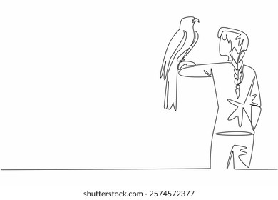 Single one line drawing eagle perched on hand of woman. A bird of prey that has very keen eyesight. Top predator in the food chain. Woman Holding Bird. Continuous line design graphic illustration