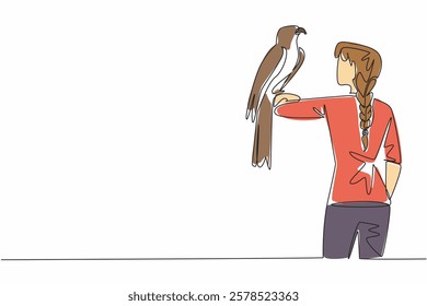 Single one line drawing eagle perched on hand of woman. A bird of prey that has very keen eyesight. Top predator in the food chain. Woman Holding Bird. Continuous line design graphic illustration