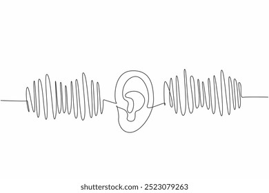 Single one line drawing ear in middle of the equalizer graph. Adjust the sound balance. Bass. Treble. More beautiful to hear. Equalize. World Hearing Day. Continuous line design graphic illustration