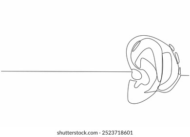 Oreja de dibujo de una sola línea unida al audífono. Progreso de los tiempos junto con el desarrollo de la tecnología. Ayuda a amplificar el sonido. Día Mundial de la Audición. Ilustración gráfica de diseño de línea continua