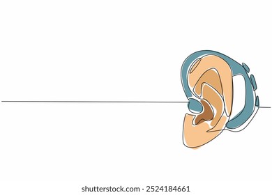 Single one line drawing ear attached to hearing aid. Progress of times along with the development of technology. Helps to amplify sound. World Hearing Day. Continuous line design graphic illustration