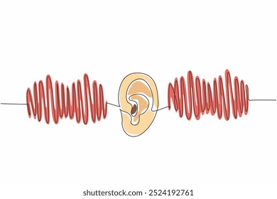 Single one line drawing ear in middle of the equalizer graph. Adjust the sound balance. Bass. Treble. More beautiful to hear. Equalize. World Hearing Day. Continuous line design graphic illustration