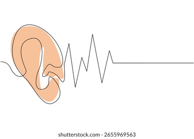 Single one line drawing ear with sound wave effect. The sense of hearing. Maintain optimal function. Noise impairs function. National Save Your Hearing Day. Continuous line design graphic illustration