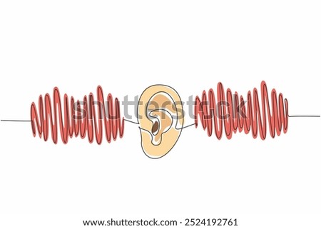 Single one line drawing ear in middle of the equalizer graph. Adjust the sound balance. Bass. Treble. More beautiful to hear. Equalize. World Hearing Day. Continuous line design graphic illustration