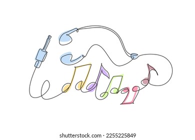 Einzeilige Ohrhörer mit einer Linie, die weißes Farbbild und Notensymbol aus Kabel einzeln auf Farbverlauf-Hintergrund mit Kopienraum. Grafische Vektorgrafik für kontinuierliche Zeilenzeichnung