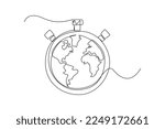Single one line drawing earth in stopwatch. Earth hour concept. Continuous line draw design graphic vector illustration.