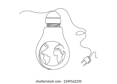 Single one line drawing earth sleeping in light bulb plugged out of socket.  Earth hour concept. Continuous line draw design graphic vector illustration.