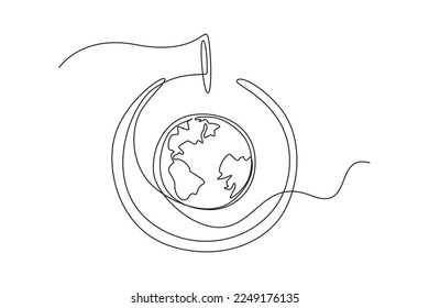 Single one line drawing earth in power switch button. Earth hour concept. Continuous line draw design graphic vector illustration.