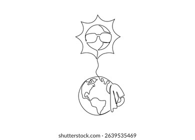 Single one line drawing the earth wiping sweat and the sun wearing glasses. Warning symbols from nature. Global warming. Hot. National Heat Awareness Day. Continuous line design graphic illustration